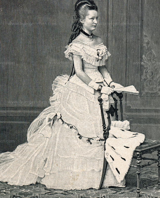 Kaiserin Auguste Viktoria mit 18 im weissen Kleid Jahren Ganzkörper Lithografie